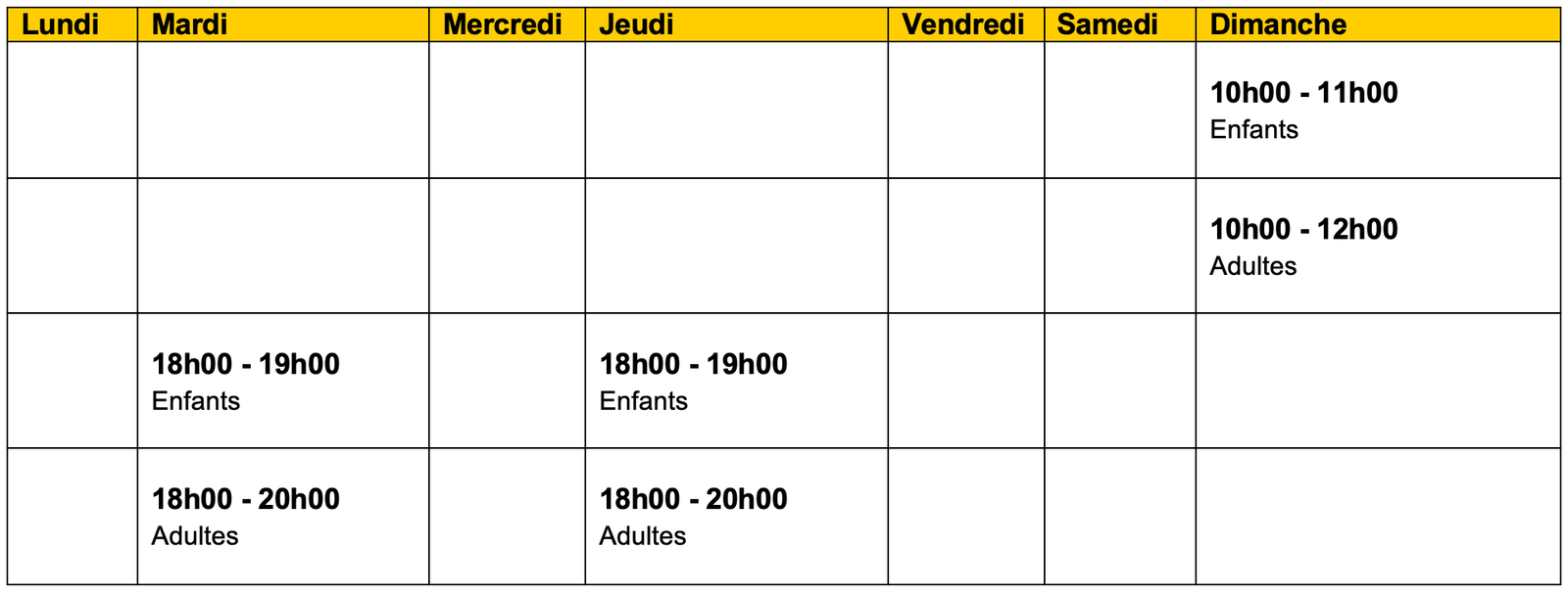 Horaire des cours Kofukan Canada 2025-2026