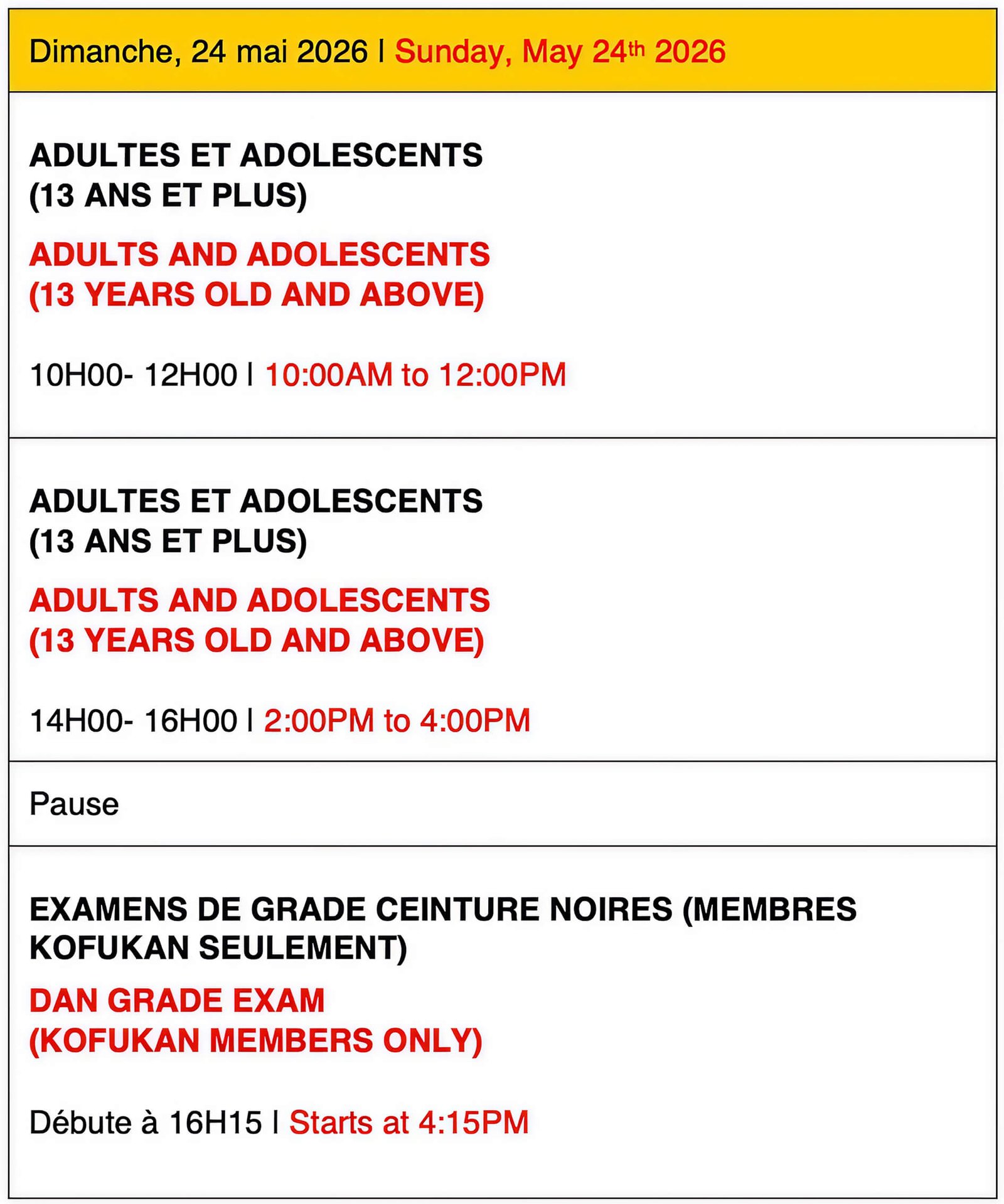 horaire du dimanche 24 mai séminaire