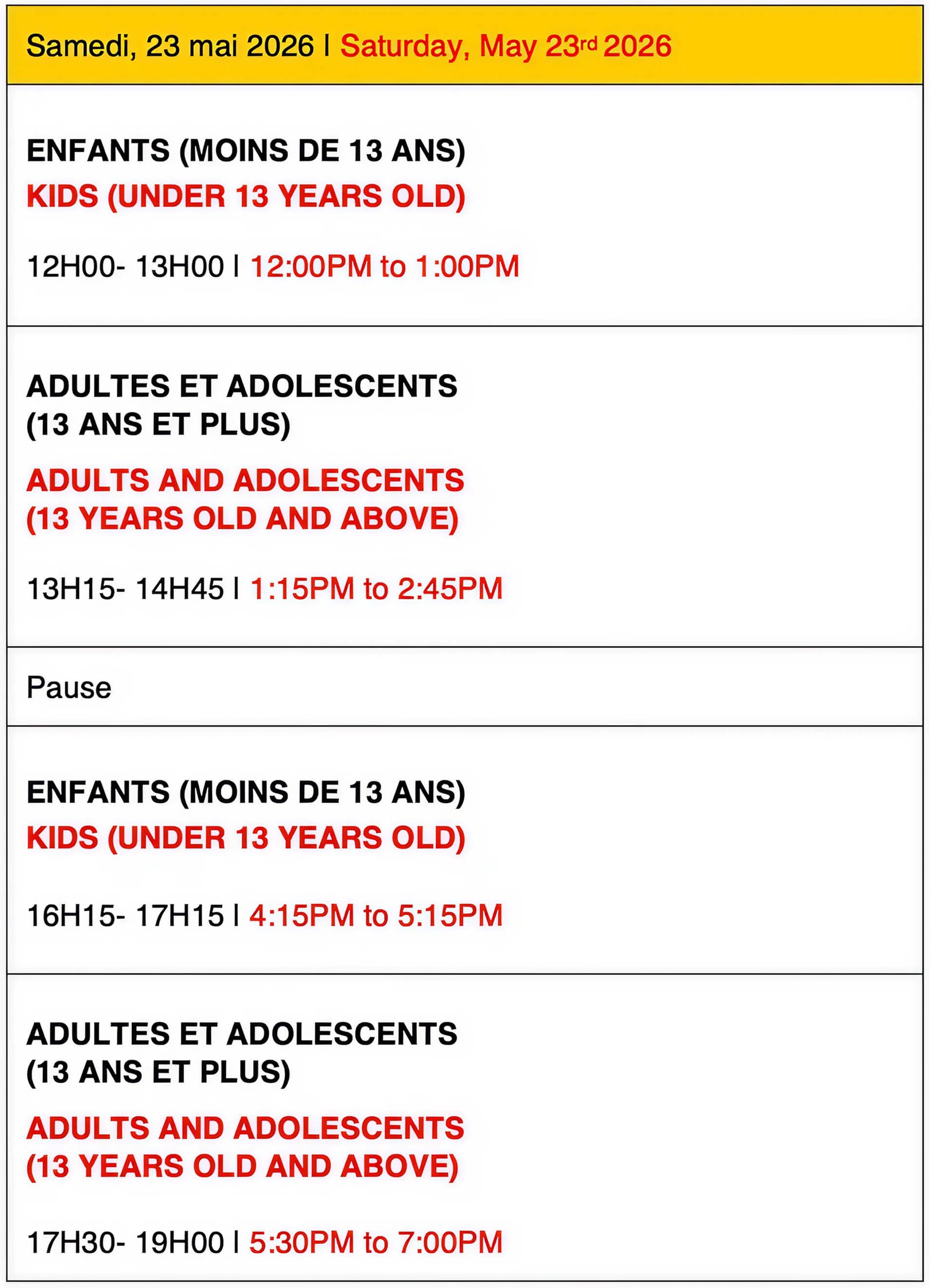 horaire du samedi 23 mai séminaire